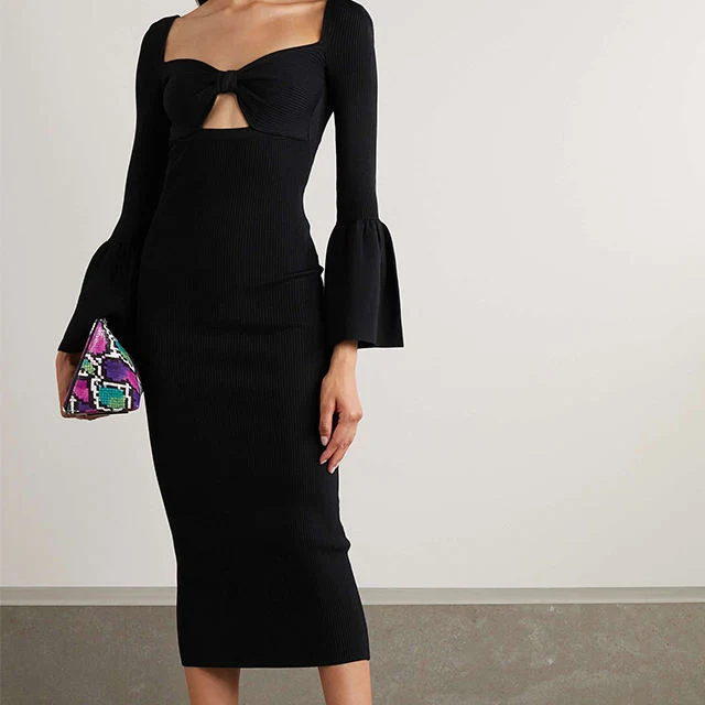 Knitwear Mufacturers Black Cutout Fashion Party Ribbed-Knit MIDI Sweater Dress Women Clothing