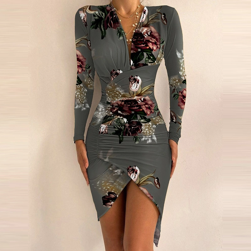 Fashion Sexy Party Lady Dress Fall Leopard Print Long Sleeves V Neck Slim Bodycon Split Dress Elegant 2022 Spring Women Dresses