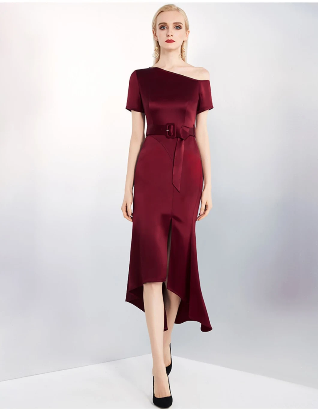 High Quality Satin Sexy Woman Luxure Wine One- Shoulder Irregular Fashion Ladies Dress with Belt