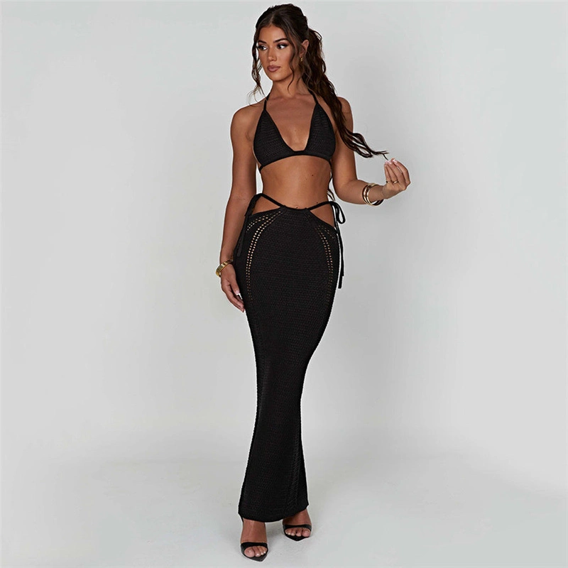 Sexy Knitted Party Hollow out Lace up Halter Bodycon Maxi Dress for Women