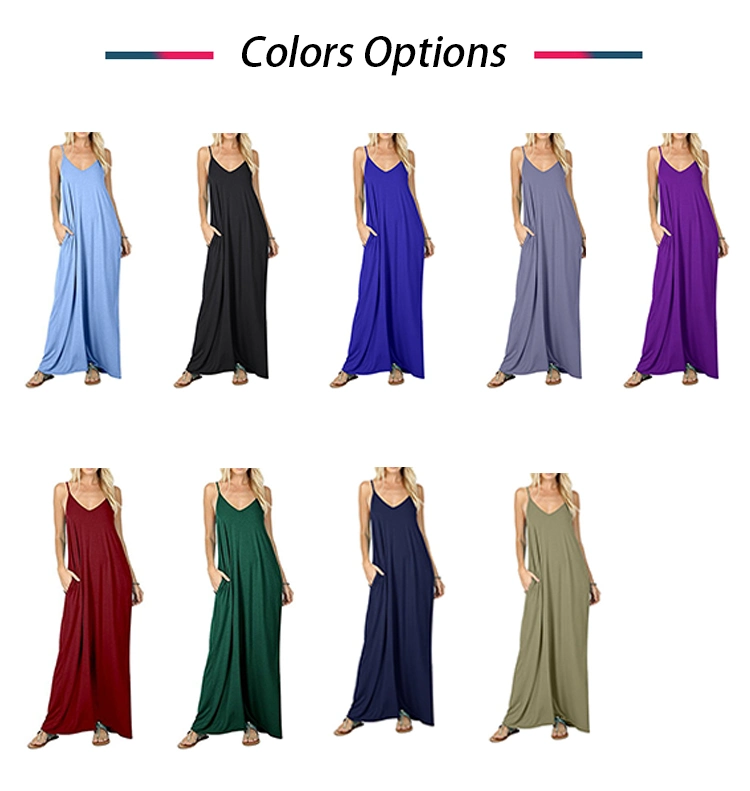 Wholesale Sleeveless Loose Gril Lady V-Neck Summer Fashion Women Ladies Pocket Casual Long Maxi Dress