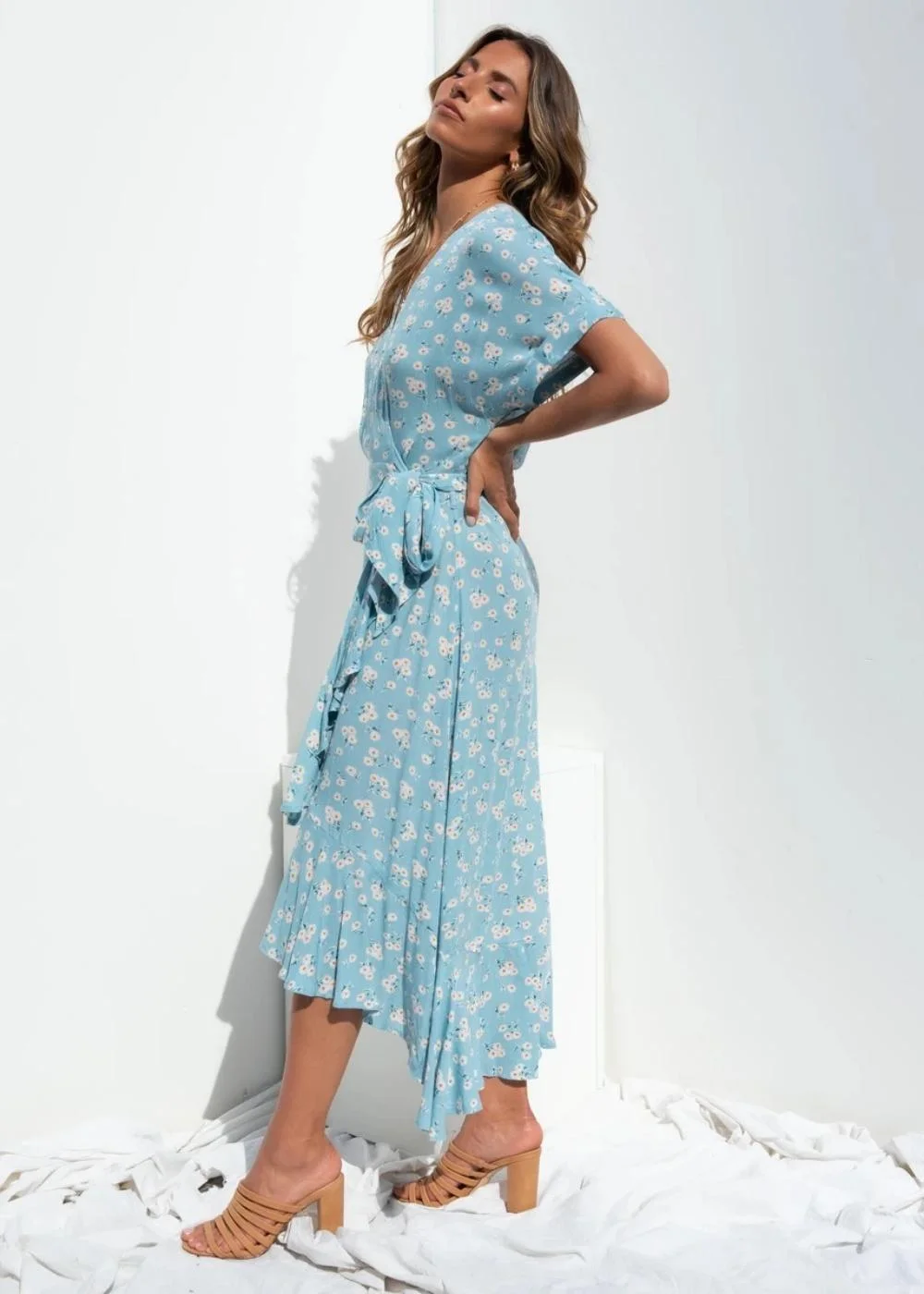 Women′s Printed Holiday Beach Slit Maxi Dress V Neck Short Sleeved Dress