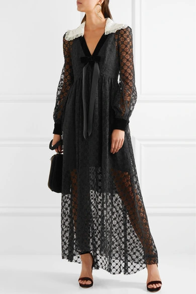 2017 High Quality Velvet-Trimmed Sexy Women Black Lace Maxi Dress