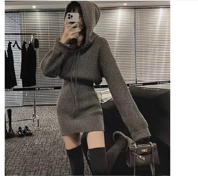 White Knitted Dress for Women in Autumn and Winter, New Waist Closing Style, with Hooded Sweater Underneath