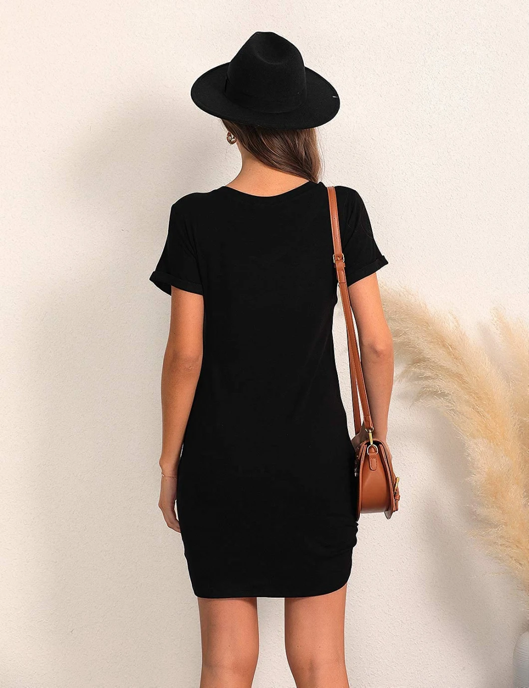 Premium Women′s Casual Dresses T Shirt Dress Cute Mini Tie Knot Fitted Summer Twist V Neck Short Sleeve Dress