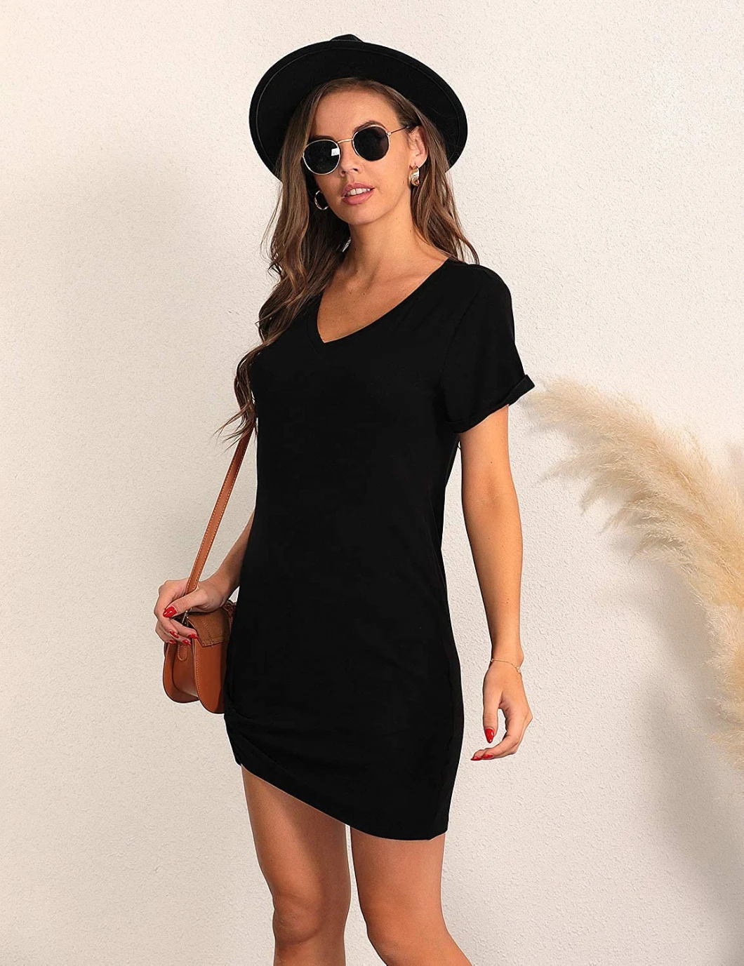 Premium Women′s Casual Dresses T Shirt Dress Cute Mini Tie Knot Fitted Summer Twist V Neck Short Sleeve Dress