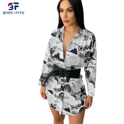 Vestido de camisa elegante con estampado de diseñador de manga larga con botones de marca para mujer