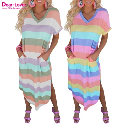 Dear-Lover Clothing Vestidos Casuales Multicolor rayas laterales bolsillos divididos mujeres camiseta vestido de verano