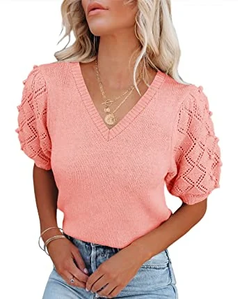 Womens' Summer Puff Suéteres de manga corta Jersey de cuello redondo Tops Blusa casual de punto ligero Camisas