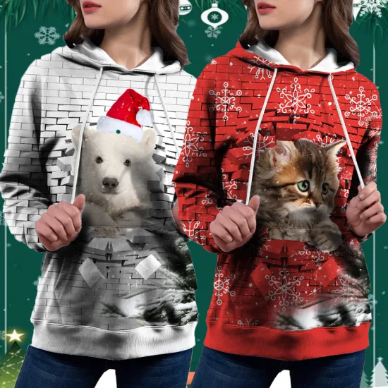 Venta al por mayor Jersey de Navidad Mediados de longitud Suéter Falda Muñeco de nieve Impresión digital Vestido de bolsillo Mujeres